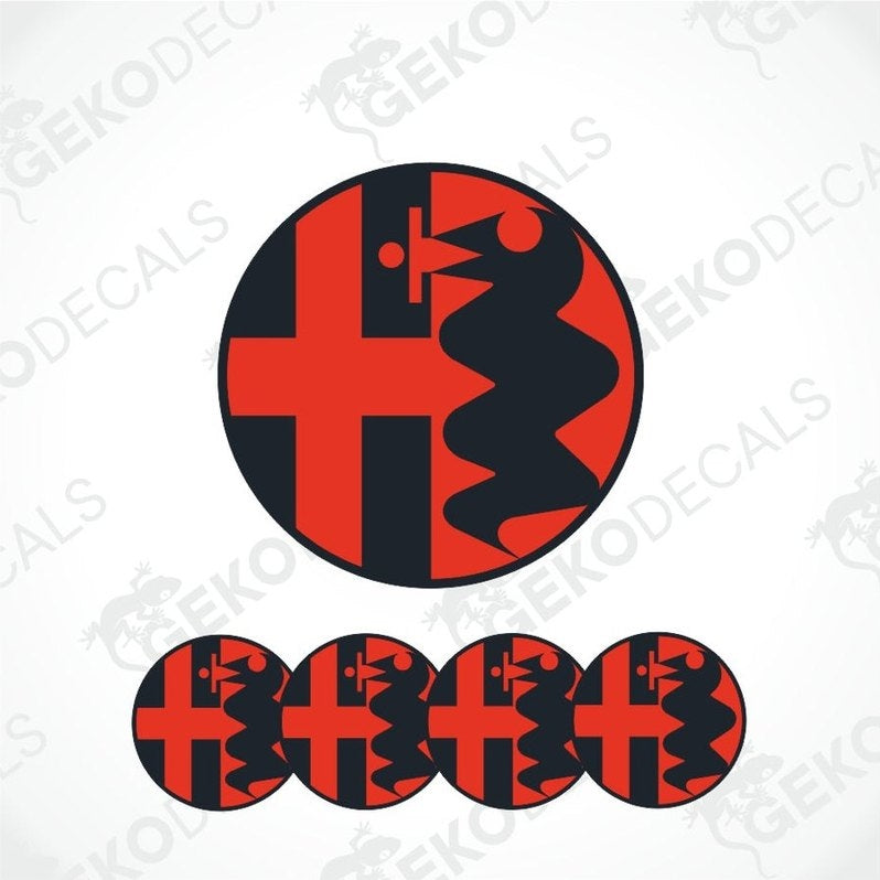 Set of four Alfa Romeo branded vinyl decals with a red and black design, including the Alfa Romeo logo, intended for use on car wheels or other surfaces.
