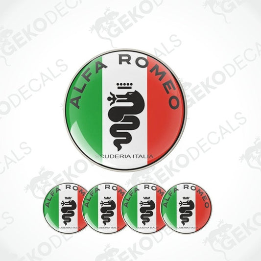 A set of four round vinyl stickers with a red, white, and green design featuring the Alfa Romeo logo and the text 'Scuderia Italia'.