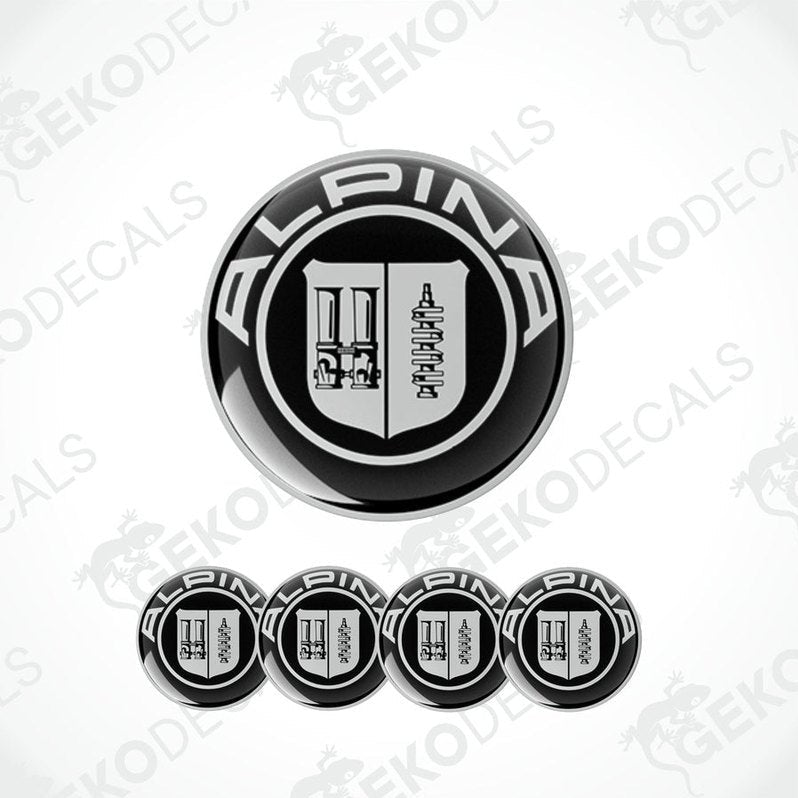 A set of four ALPINA branded vinyl stickers with a polyurethane coating, displayed on a white background.