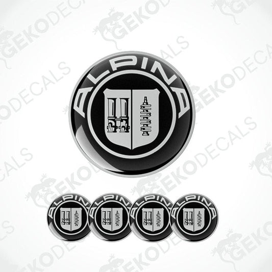 A set of four ALPINA branded vinyl stickers with a polyurethane coating, displayed on a white background.