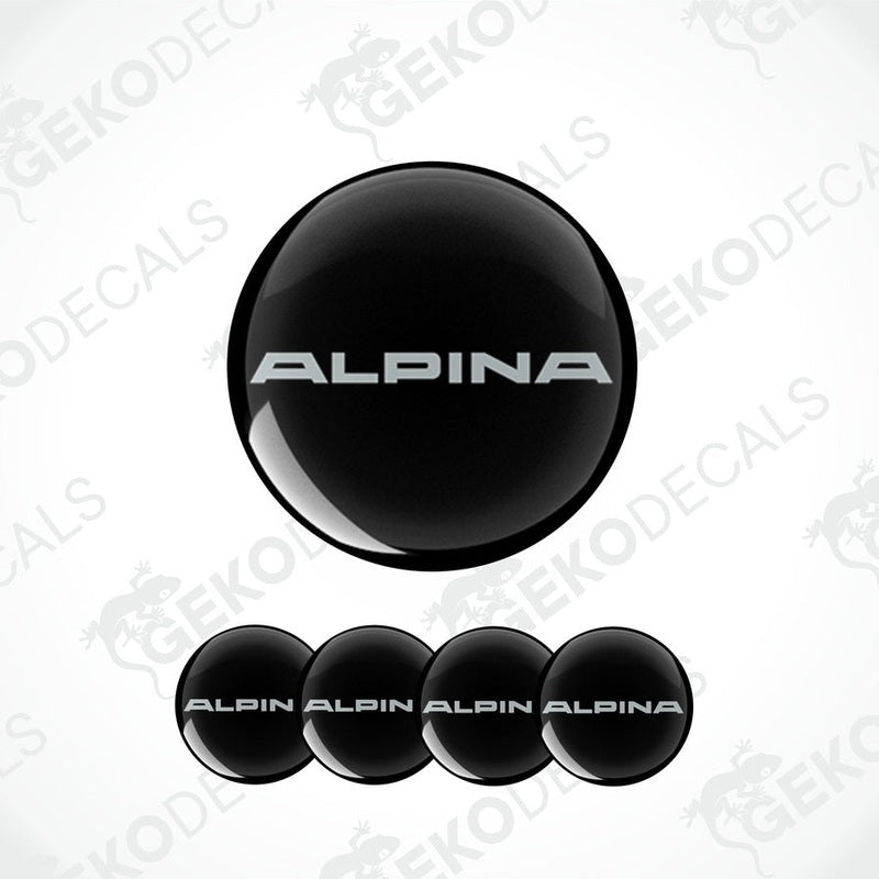 Set of four black vinyl decals with the 'ALPINA' brand name on them, intended for use on vehicle wheels.