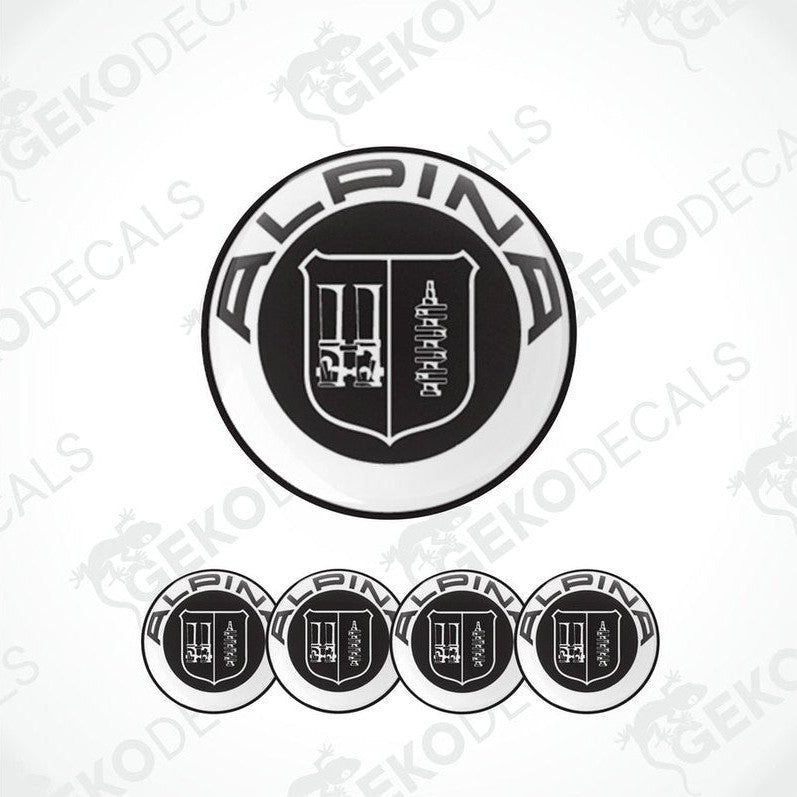 A set of four black vinyl stickers with the ALPINA brand logo and a geometric design.