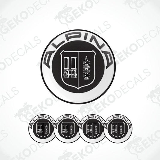 A set of four black vinyl stickers with the ALPINA brand logo and a geometric design.