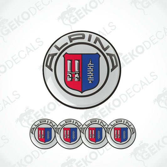 A set of four vinyl stickers with a geometric design featuring the Alpina brand logo in red, blue, and white colors.
