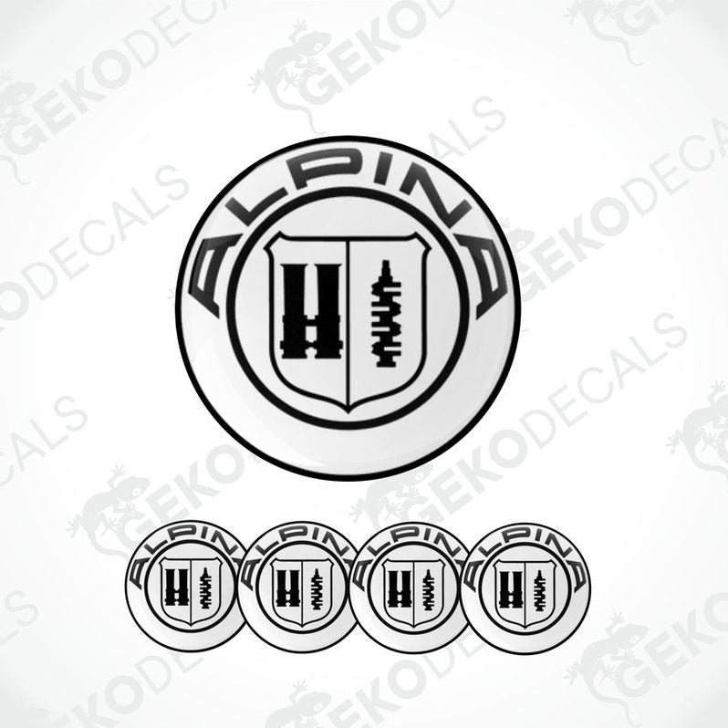 A set of four black and white vinyl decals with the ALPINA brand logo.