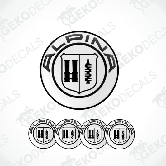 A set of four black and white vinyl decals with the ALPINA brand logo.