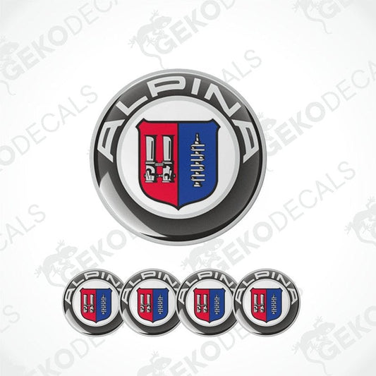 A set of four silver-colored vinyl stickers with the ALPINA brand logo and a geometric design in red, blue, and white colors.