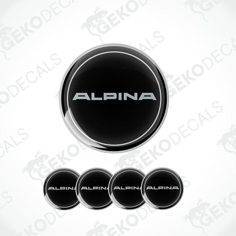 Set of four black vinyl decals with the 'ALPINA' brand name on them, intended for use on vehicle wheels.