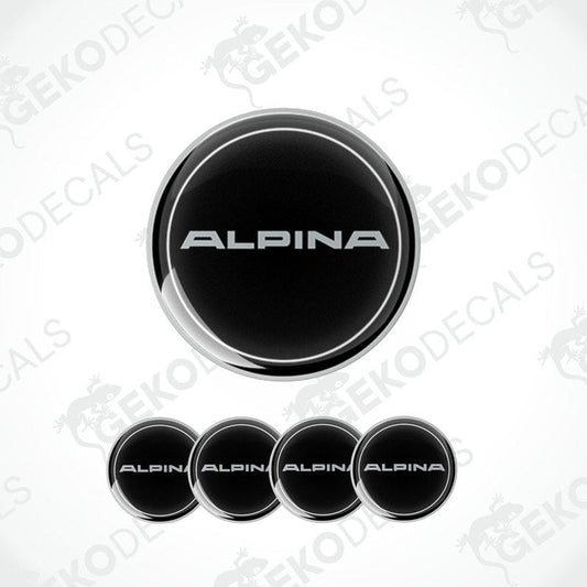 Set of four black vinyl decals with the 'ALPINA' brand name on them, intended for use on vehicle wheels.