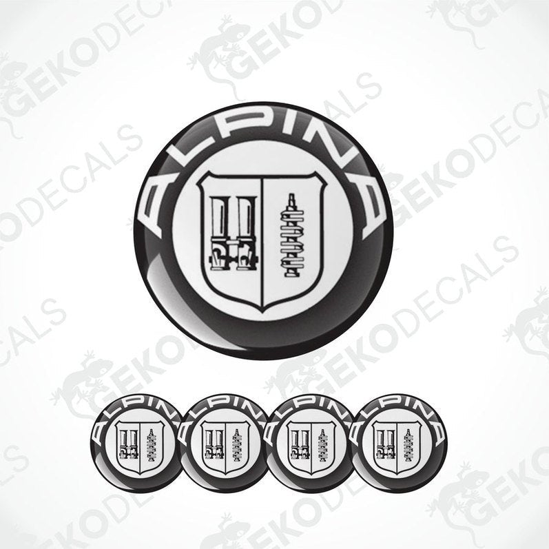 A set of four vinyl decals with a polyurethane coating featuring the ALPINA logo, predominantly black and white in color.