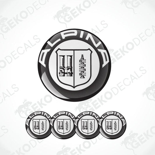 A set of four vinyl decals with a polyurethane coating featuring the ALPINA logo, predominantly black and white in color.