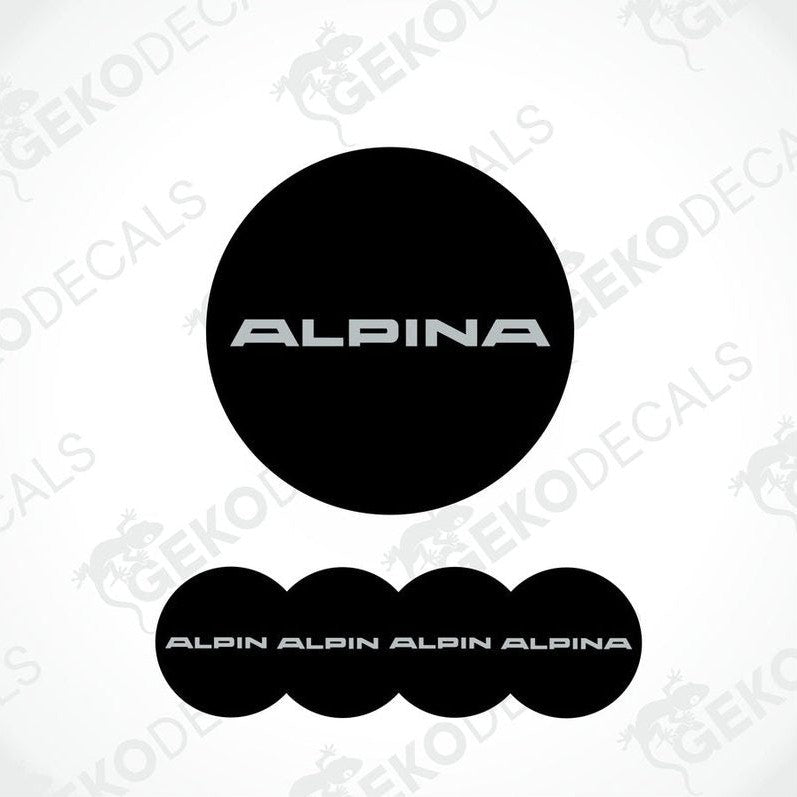 Set of four black vinyl decals with the 'ALPINA' brand name on them, intended for use on vehicle wheels.