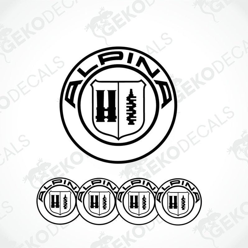 A set of four black and white vinyl decals with the ALPINA brand logo.