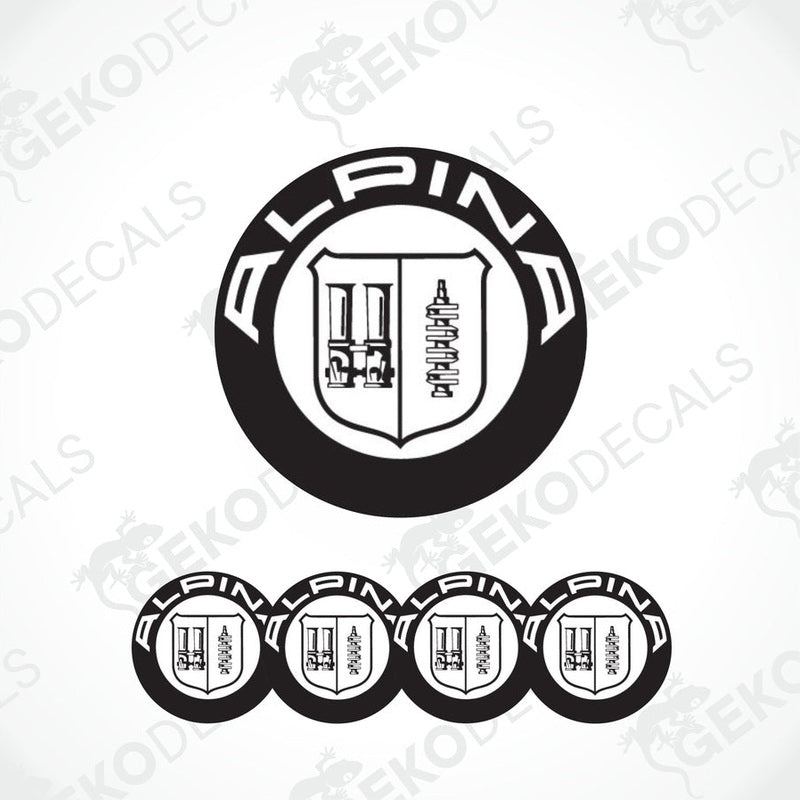 A set of four vinyl decals with a polyurethane coating featuring the ALPINA logo, predominantly black and white in color.