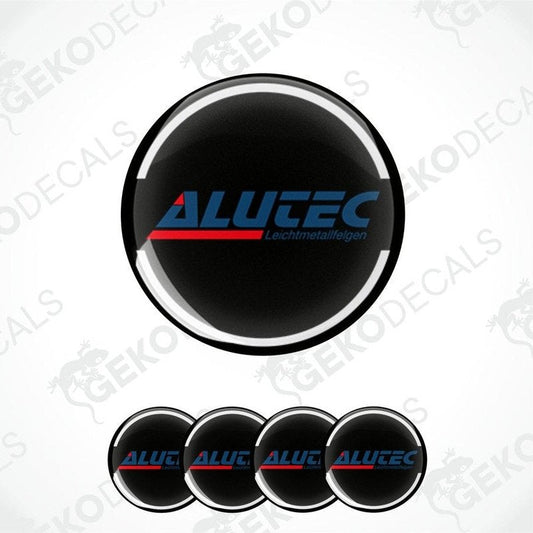 A set of four round car decals with a polyurethane coating featuring the brand name 'ALUTEC' and a red and white design.