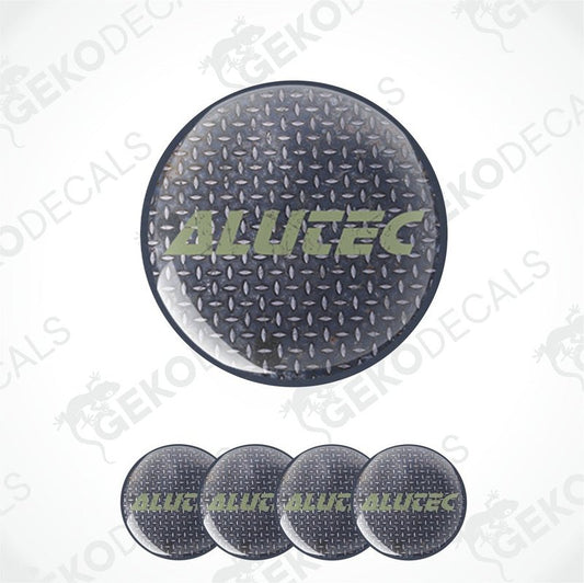A set of four black round vinyl stickers with the text 'ALUTEC' and a geometric pattern in the background.