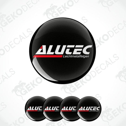 A set of four black vinyl stickers with the ALUTEC brand logo in red and white.