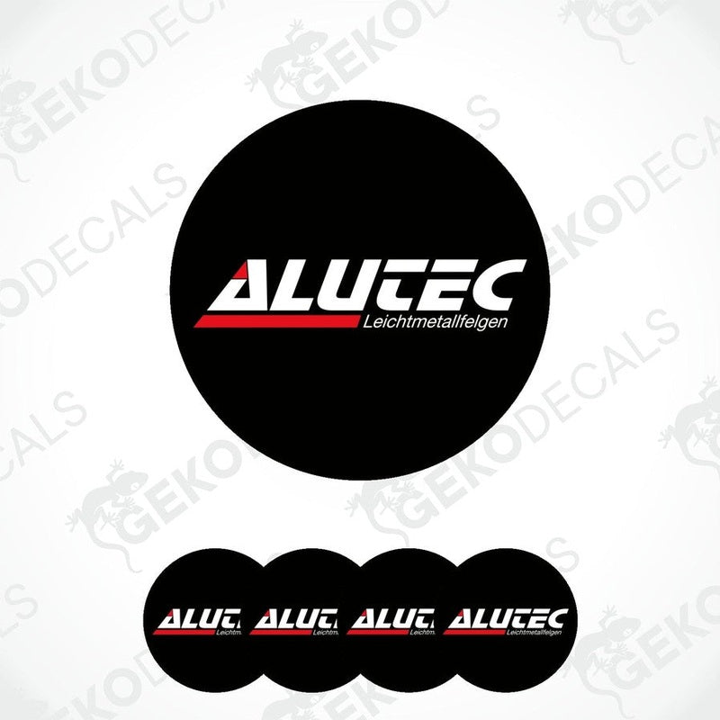 A set of four black vinyl stickers with the ALUTEC brand logo in red and white.