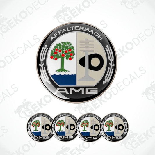 A set of car decals featuring a round emblem with the text 'AMG' and an image of a tree, arranged in a pattern with four additional smaller emblems.