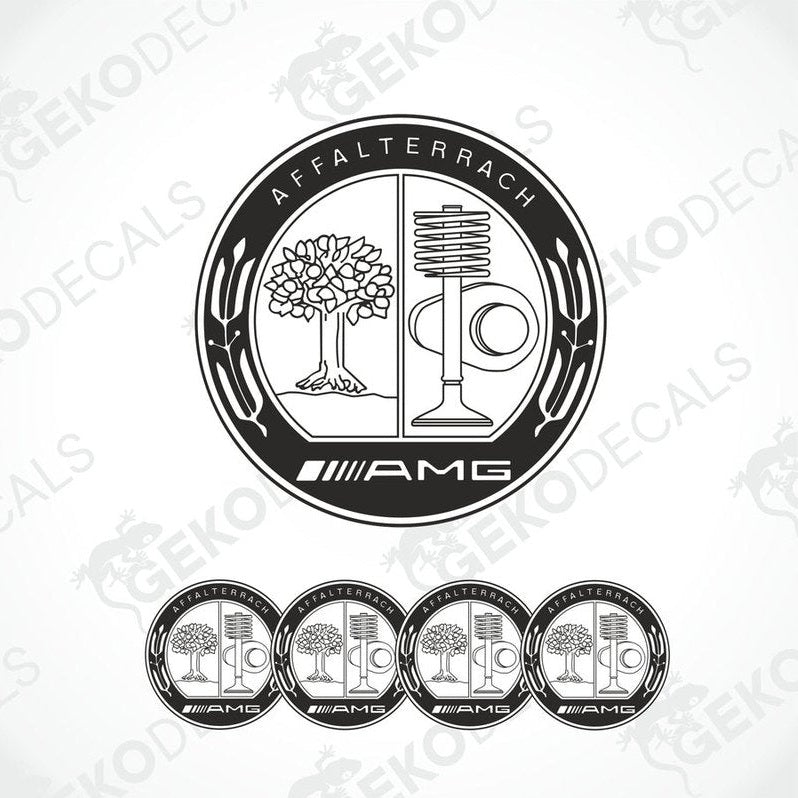 A set of four silver-colored vinyl stickers with a polyurethane coating, featuring the AMG logo and a design that includes a tree and a microphone