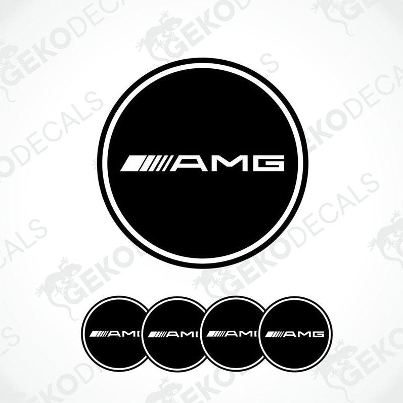 A set of four black vinyl stickers with the AMG logo, designed for use on car wheels.