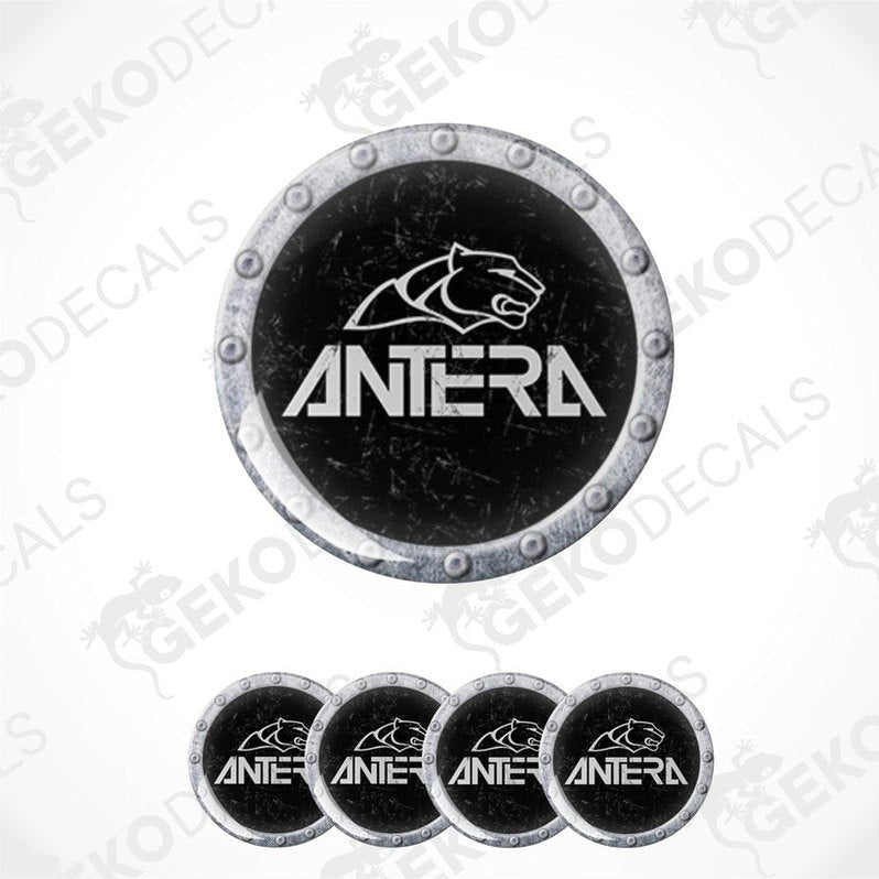 Set of black vinyl stickers with white 'ANTERA' brand logo. With silver trim