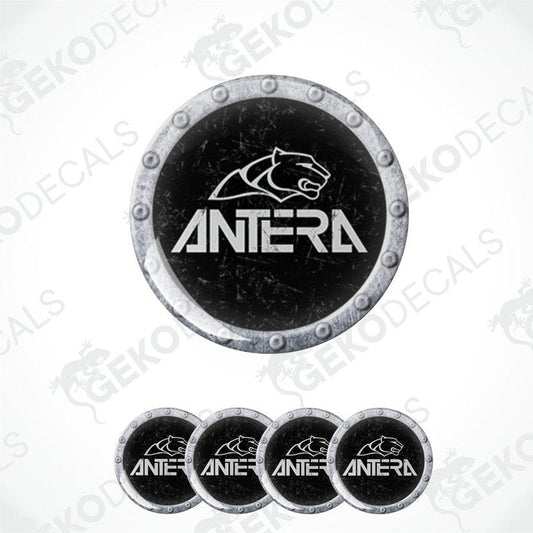 Set of black vinyl stickers with white 'ANTERA' brand logo. With silver trim