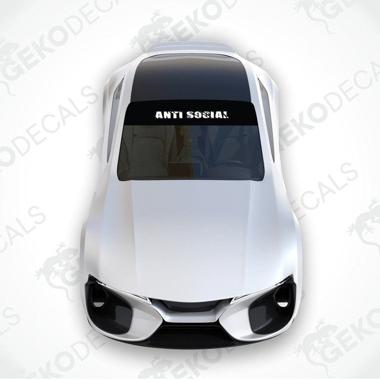 Black car windshield sun visor with white text ANTI SOCIAL