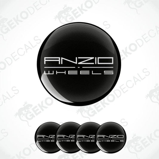 A set of four black vinyl stickers with 'ANZIO WHEELS' text and a logo on each.