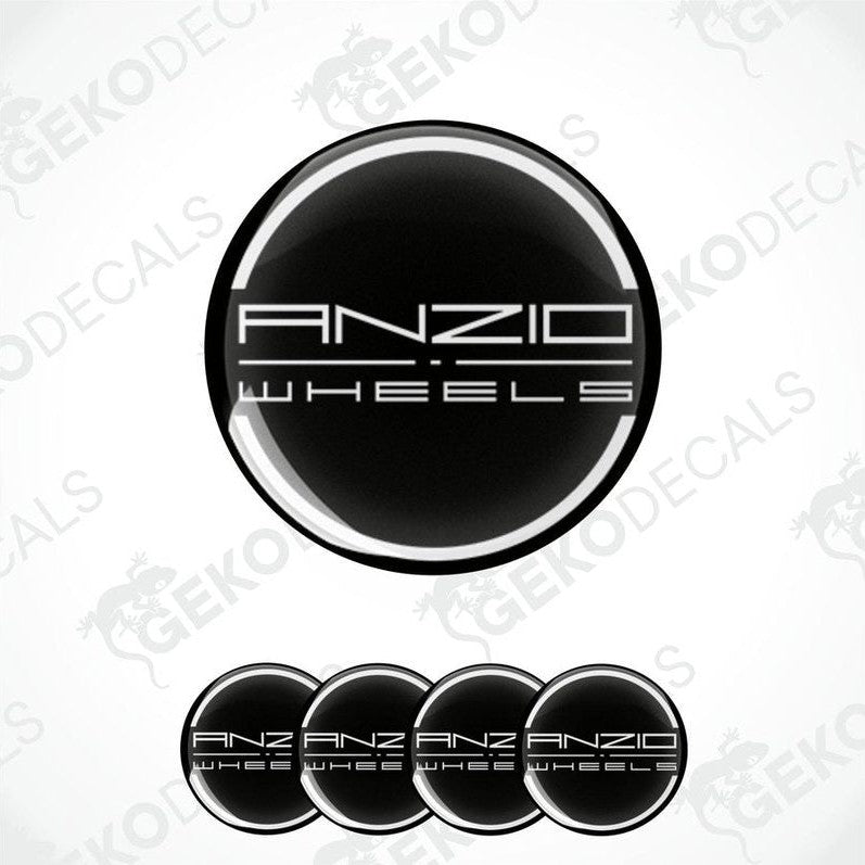 A set of four black vinyl stickers with 'ANZIO WHEELS' text and a logo on each.