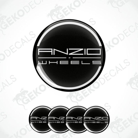 A set of four black vinyl stickers with 'ANZIO WHEELS' text and a logo on each.