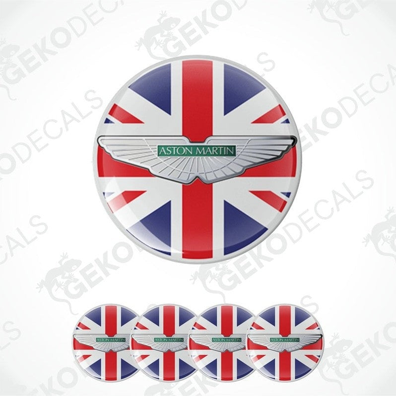 A set of four vinyl stickers featuring the Aston Martin logo with a British flag design in red, white, and blue colors.