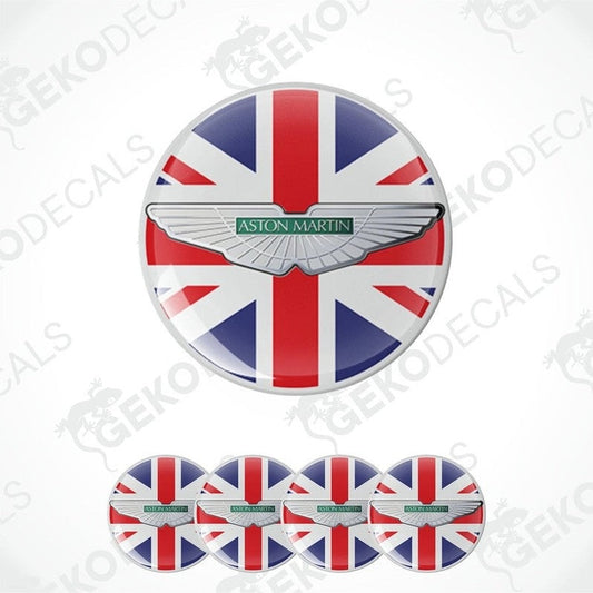 A set of four vinyl stickers featuring the Aston Martin logo with a British flag design in red, white, and blue colors.