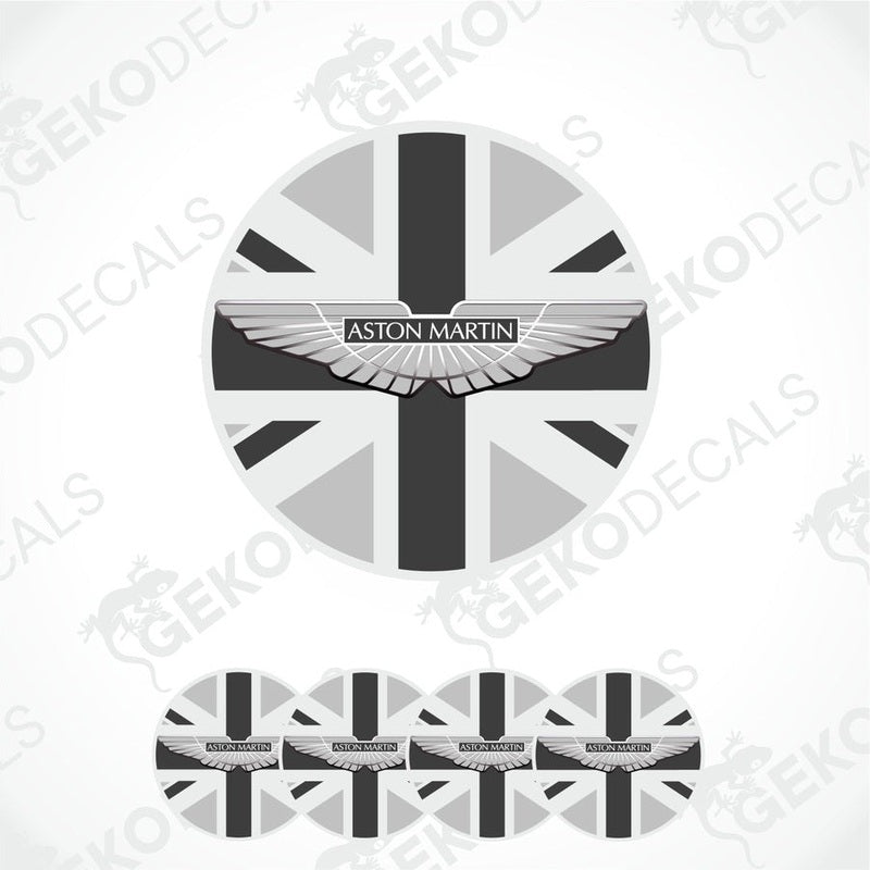 A set of vinyl stickers with a geometric pattern, including a central sticker with the Aston Martin logo, and smaller ones around it.