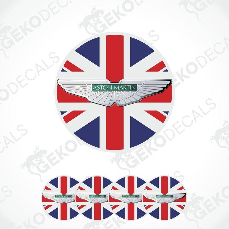 A set of four vinyl stickers featuring the Aston Martin logo with a British flag design in red, white, and blue colors.
