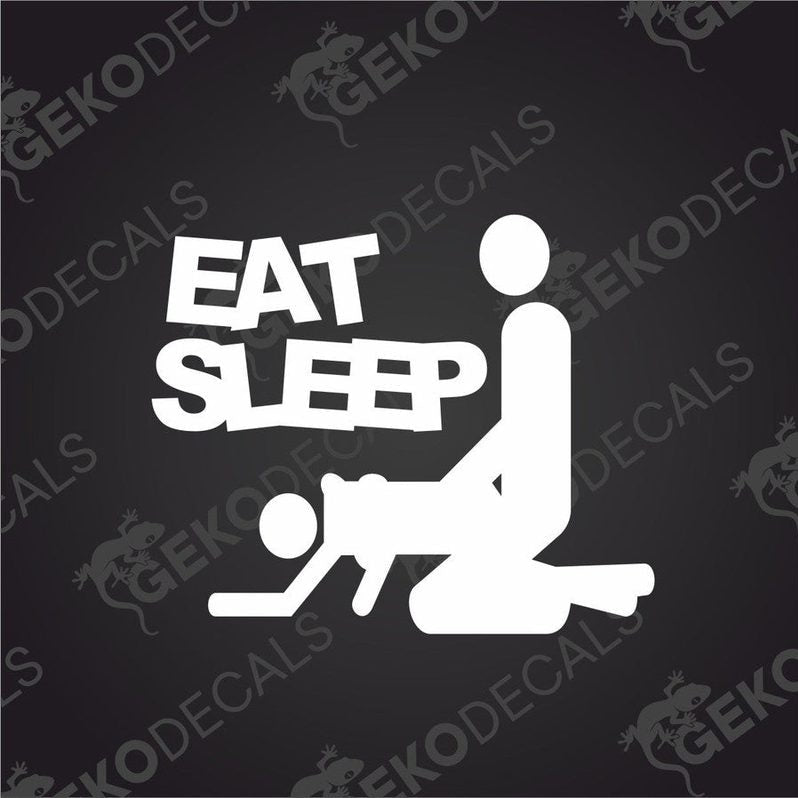 White die cut car decal with EAT SLEEP text and cradling figure silhouette on transfer paper