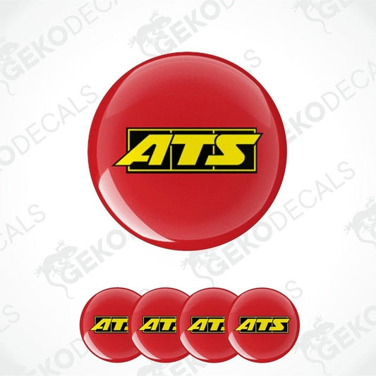 A set of three red vinyl stickers with the ATS logo in yellow, along with a transparent background and a Gecko Decals logo at the bottom.