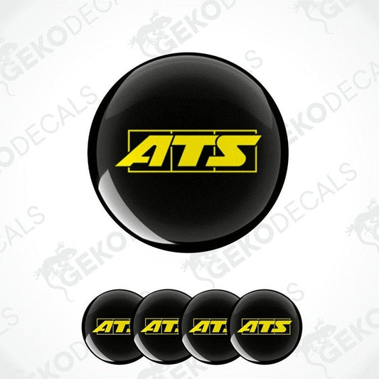 A set of four round car decals with the ATS logo in black and yellow.