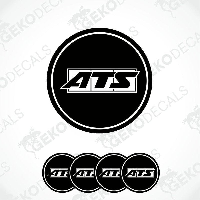 A set of four round black vinyl stickers with the ATS logo in white.
