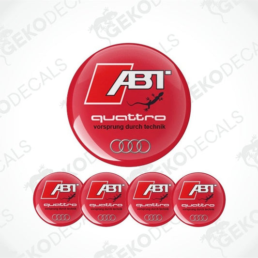 A set of four red vinyl stickers with the ABT and Quattro branding designed for use on car decals.