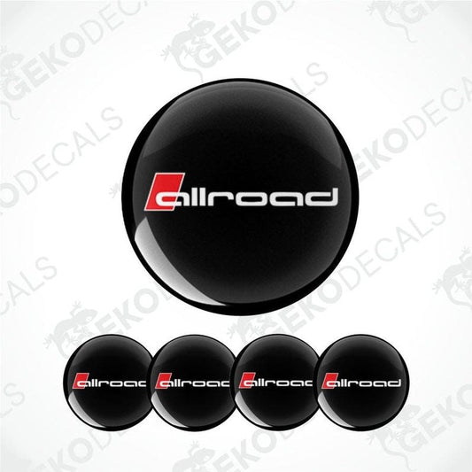 A set of four black vinyl stickers with the 'AUDI ALLROAD' brand logo in white and red.
