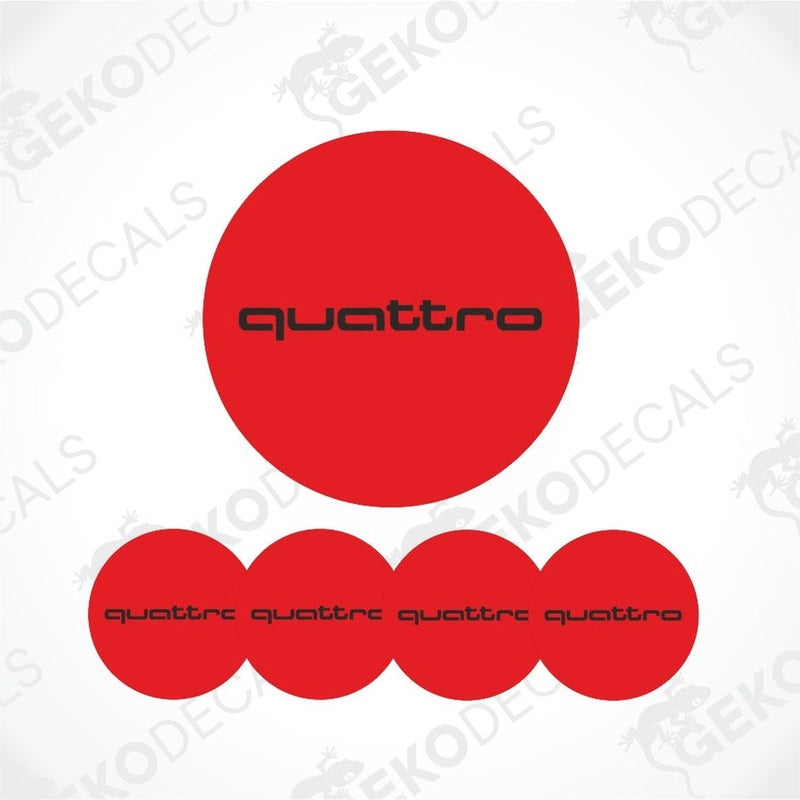 A set of four red vinyl decals with 'quattro' branding, typically used as car wheel stickers.