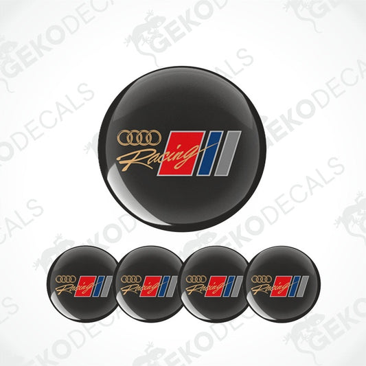 A set of four black vinyl stickers with the AUDI RACING logo in white, red, blue, and silver colors.