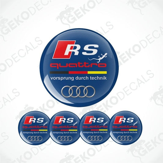 A set of four blue vinyl stickers with red and yellow details, featuring the text 'RS QUATTRO' and the slogan 'VORSPRUNG DURCH TECHNIK'.