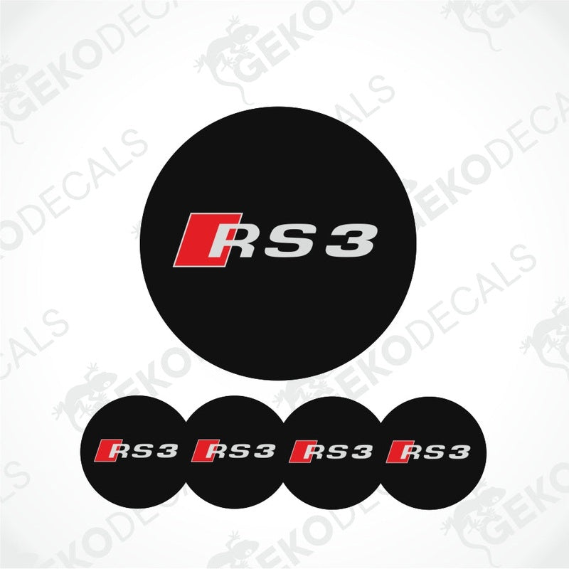 A set of four black vinyl stickers with the Audi RS3 logo in red and white.