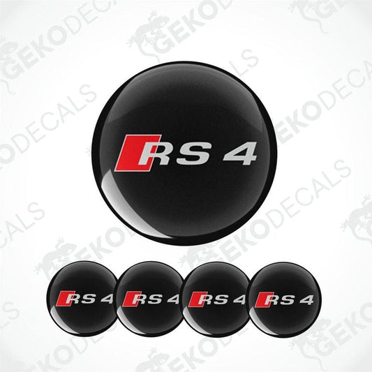A set of four black vinyl stickers with the Audi RS4 logo in red and white.
