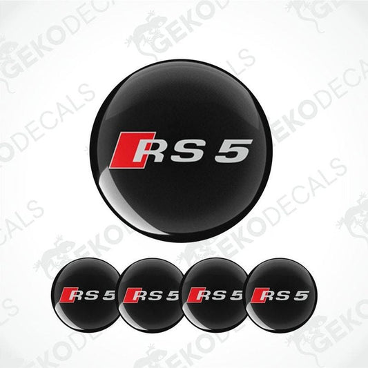 A set of four black vinyl stickers with the Audi RS5 logo in red and white.