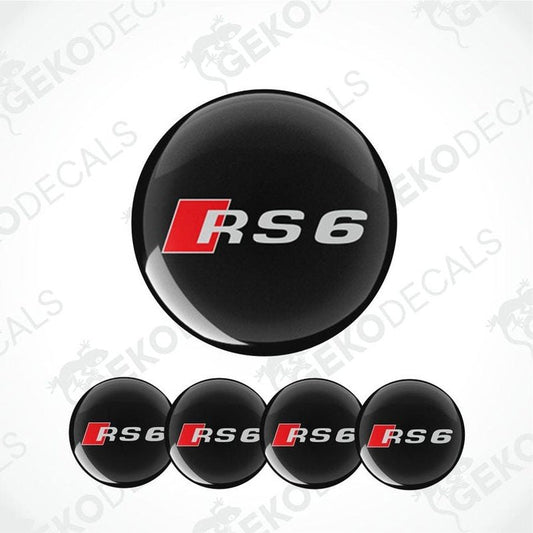 A set of four black vinyl stickers with the Audi RS6 logo in red and white.