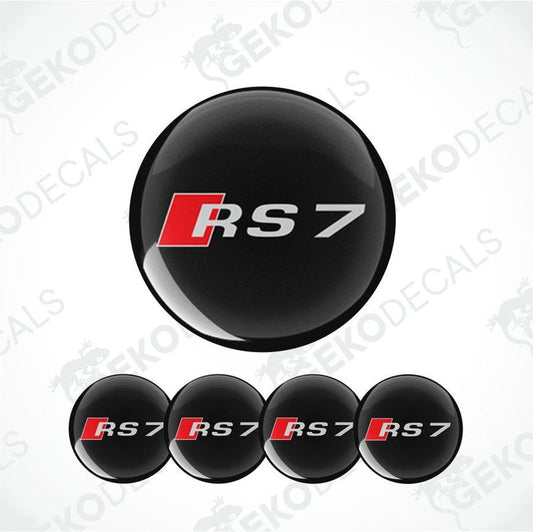 A set of four black vinyl stickers with the Audi RS7 logo in red and white.