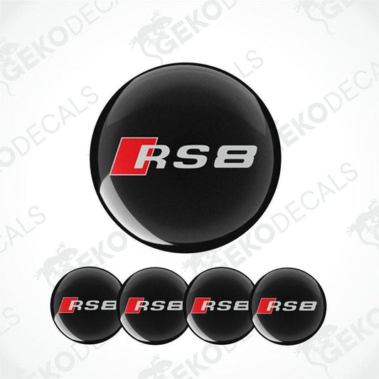 A set of four black vinyl stickers with the Audi RS8 logo in red and white.